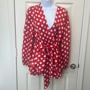 The Sang Romper Jumpsuit Shorts Red White Polka Dots Ruffles Tie Front Or Back
